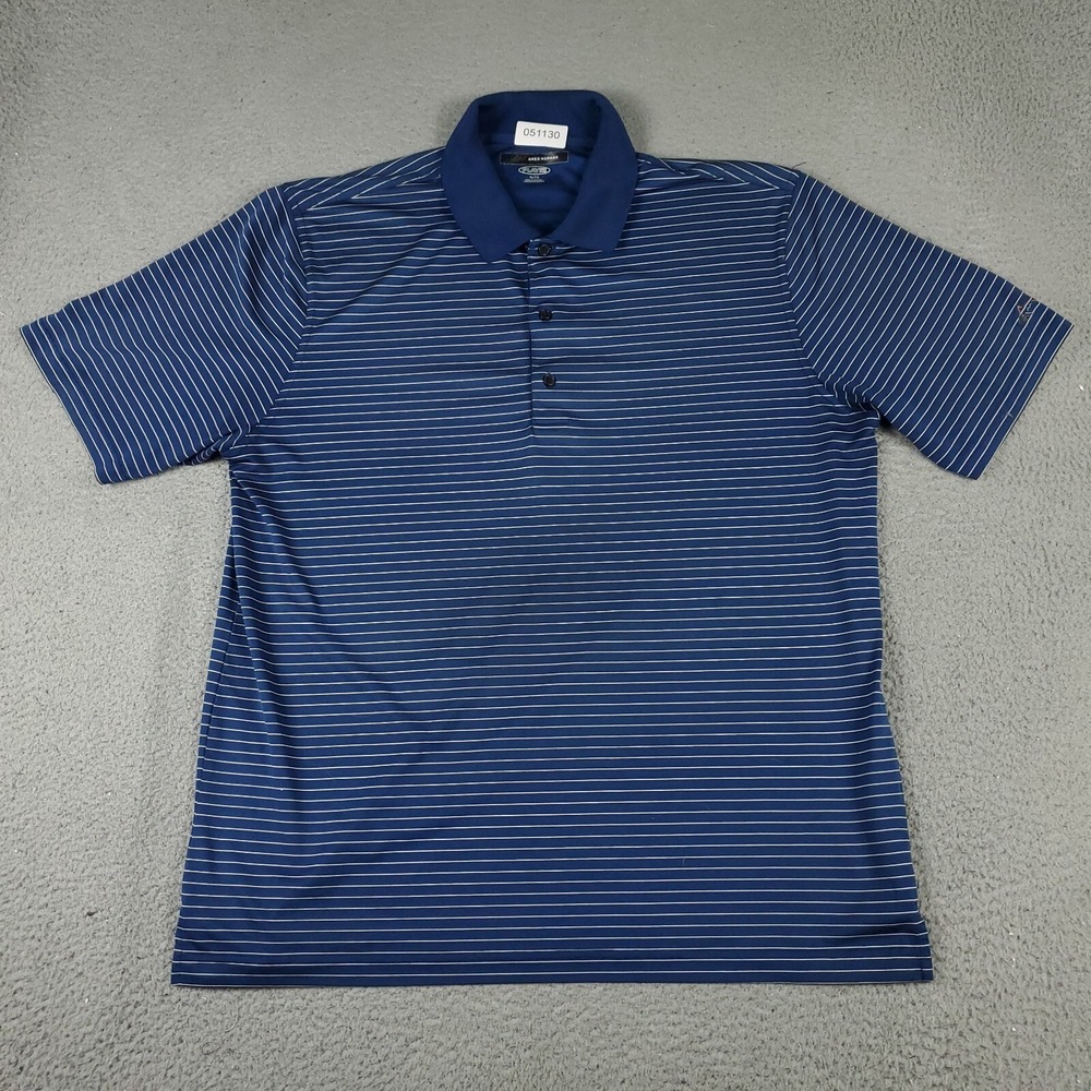 Greg Norman Polo Shirt Mens Size XL Blue Striped Shark Golf Casual Short Sleeve